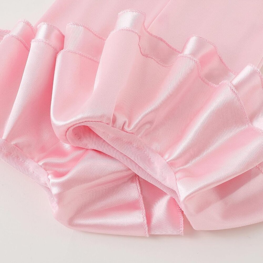 Women's Pink Long Satin Ruffle Cuff Stretchy Sleeves Gloves Wedding Costume - Picture 7 of 7